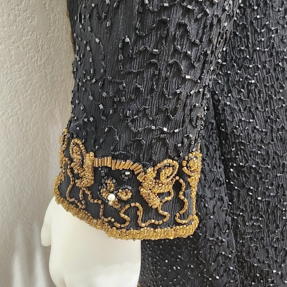 Vintage Scala Black Silk Beaded Long Evening Jacket Size M - Picture 4 of 12